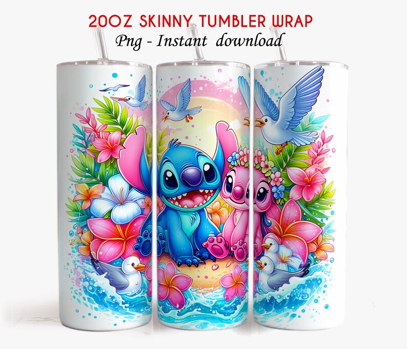 May include: A 20oz skinny tumbler wrap featuring Stitch and Angel from Lilo & Stitch. The design includes Stitch and Angel in a tropical setting with flowers, palm leaves, and seagulls. The background is a watercolor-style sky with pink and blue hues.