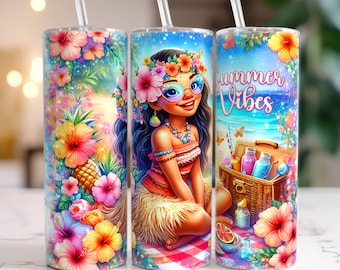 Moana Floral Tumbler Wrap PNG, 20oz Skinny Tumbler, Moana Princess Beach Tumbler, Summer Vibes Tumbler PNG, Tumbler Print, PNG Digital File