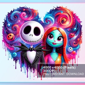 Op de afbeelding: Een digitale illustratie van Jack Skellington en Sally uit The Nightmare Before Christmas, tegen een levendige, wervelende hartvormige achtergrond. Het kunstwerk heeft een kleurrijk galaxy-ontwerp met druipende verfeffecten en de tekst "4000 x 4000 (Pixels) 300DPI PNG - INSTANT DOWNLOAD."