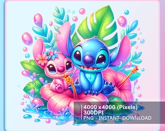 Coppia di cartoni animati floreali acquerello Splash Png, grafica e opere d'arte dei cartoni animati, estetica arcobaleno, download immediato di file digitali PNG