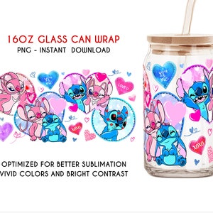 Stitch Valentine Heart Can Glass, 16oz Libbey Glass Can, Valentine Can Glass, Cartoon Valentine Tumbler, Sublimation Design, fichier d’impression DTF