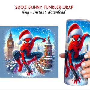 May include: A 20oz skinny tumbler wrap featuring a festive Spider-Man design. The superhero is depicted in his classic red and blue suit, wearing a Santa hat, against a snowy cityscape backdrop. The design is available as an instant download.