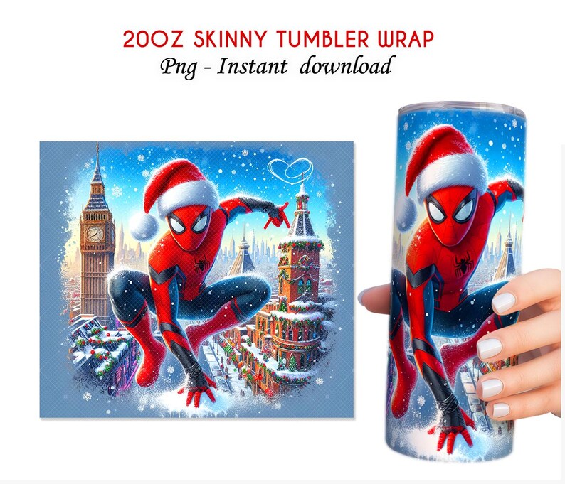 May include: A 20oz skinny tumbler wrap featuring a festive Spider-Man design. The superhero is depicted in his classic red and blue suit, wearing a Santa hat, against a snowy cityscape backdrop. The design is available as an instant download.