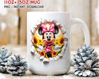 Emballage de tasse de printemps floral de souris de dessin animé mignon 3D, emballage de tasse de 11 oz 15 oz, sublimation de tasse 3D, emballage de tasse PNG, téléchargement immédiat de PNG de tasse 3D