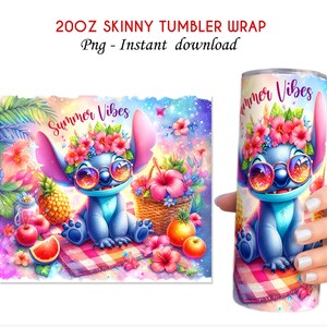 May include: A 20oz skinny tumbler wrap featuring a blue cartoon character with sunglasses and a floral crown. The design includes the text "Summer Vibes" and tropical elements like pineapples and hibiscus flowers. The design is available as an instant download.