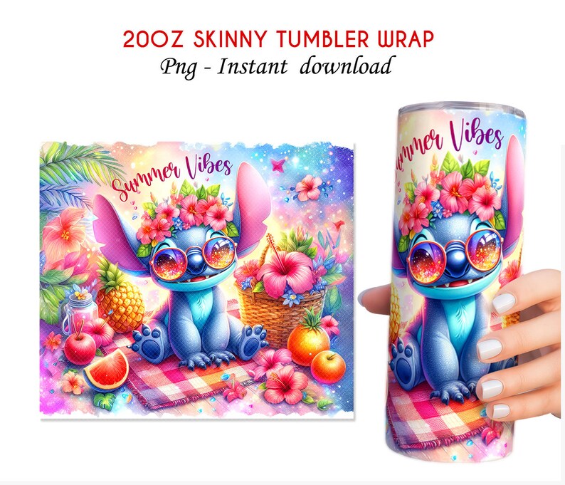 May include: A 20oz skinny tumbler wrap featuring a blue cartoon character with sunglasses and a floral crown. The design includes the text "Summer Vibes" and tropical elements like pineapples and hibiscus flowers. The design is available as an instant download.