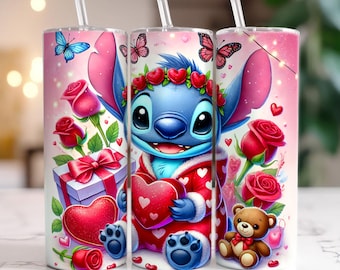 Stitch Valentine's Day Tumbler Wrap, Cute Character, Hearts & Roses Sublimation Design, 20oz Skinny Tumbler Digital File, Romantic Gift Idea