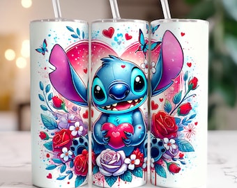 Stitch Valentine's Day Tumbler Wrap, Cute Character, Hearts & Roses Sublimation Design, 20oz Skinny Tumbler Digital File, Romantic Gift Idea