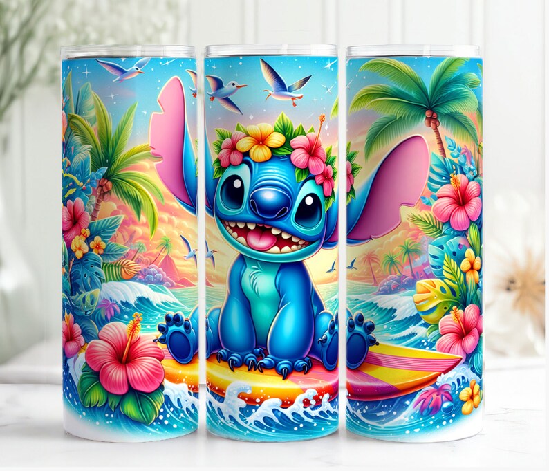 Stitch Summer 20oz Tumbler, 20oz Skinny Tumbler, Cartoon Tumbler Wrap, Beach Tumbler Sublimation, Full Tumbler Wrap, Tumbler Png zdjęcie 4