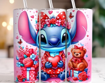 Stitch Valentine's Day Tumbler Wrap, Cute Character, Hearts & Roses Sublimation Design, 20oz Skinny Tumbler Digital File, Romantic Gift Idea