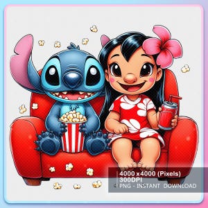 Stitch And Lilo Popcorn Cinema Png, Stitch Drink Pepper Png, Stitch 2025 Designs, Movie Time Carton Shirt, 2025 Cartoon Movies, 300Dpi PNG