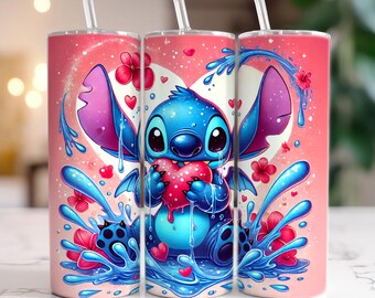 Valentine Stitch Herz Aquarell Becher, 20 Unzen Skinny Tumbler, Stitch Valentine Tumbler Wrap, Sublimationsdesign, digitale Png Datei