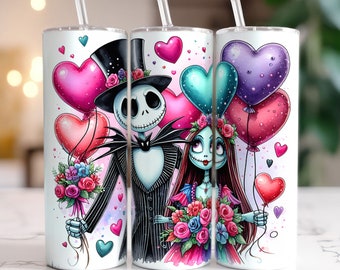 Jack y Sally Tumbler Wrap, Pesadilla antes del vaso, Pareja de San Valentín, Vaso de San Valentín de dibujos animados, Envoltura de vaso completo, Descarga instantánea