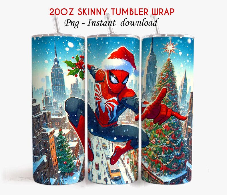 May include: A 20oz skinny tumbler wrap depicting a winter cityscape with a Christmas tree and Spider-Man in a Santa hat. The tumbler has a white straw and the text "20OZ SKINNY TUMBLER WRAP Png - Instant download".