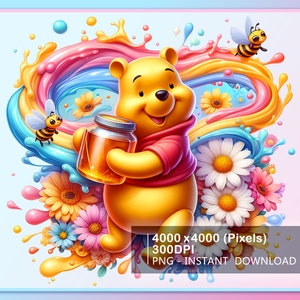 Pooh Floral Watercolor Splash Png, Pooh Floral Summer Clipart Png, Pooh Png, Summer Vibes Png, Cute Pooh Bear Png Instant Download