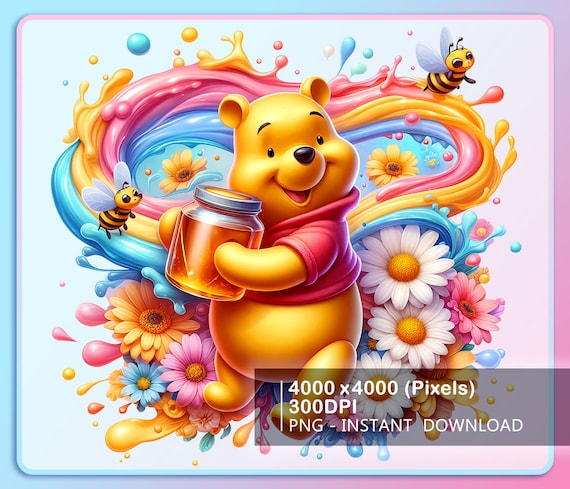Pooh Floral Watercolor Splash Png, Pooh Floral Summer Clipart Png, Pooh Png, Summer Vibes Png, Cute Pooh Bear Png Instant Download