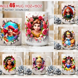 Zestaw kubków Princess Floral Spring, 3D Princess Mug, 3D Spring Mug, 11oz 15oz Mug Wrap, Sublimacja kubków, Plik cyfrowy, Natychmiastowe pobieranie