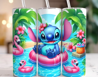 May include: A blue Stitch character from Lilo & Stitch is sitting on a pink inflatable ring in a tropical scene. The background features palm trees, pink flowers, and blue water. The image is on a white tumbler.