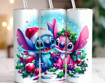 Envoltorio para vaso navideño de pareja de Lilo y Stitch, vaso delgado de 20 oz, envoltorio para vaso navideño, vaso con gorro de Papá Noel de Stitch, descarga digital PNG