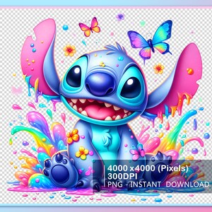 May include: A vibrant digital illustration of a blue cartoon character with large eyes and a wide grin, surrounded by colorful paint splashes, butterflies, and flowers. The character's ears are pink with paint drips. Text at the bottom reads "4000 x 4000 (Pixels) 300DPI PNG - INSTANT DOWNLOAD."