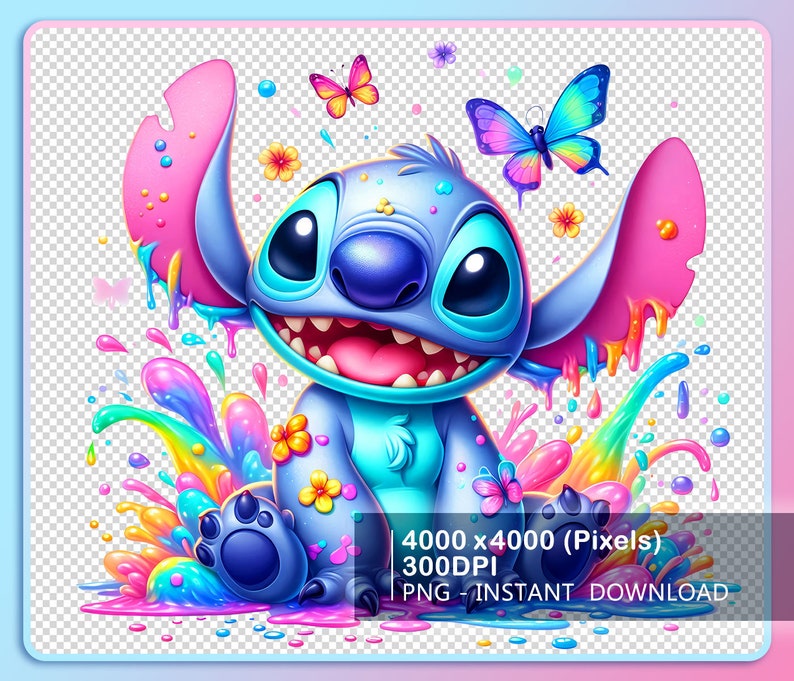 May include: A vibrant digital illustration of a blue cartoon character with large eyes and a wide grin, surrounded by colorful paint splashes, butterflies, and flowers. The character's ears are pink with paint drips. Text at the bottom reads "4000 x 4000 (Pixels) 300DPI PNG - INSTANT DOWNLOAD."