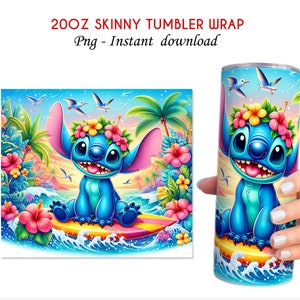 Stitch Summer 20oz Tumbler, 20oz Skinny Tumbler, Cartoon Tumbler Wrap, Beach Tumbler Sublimation, Full Tumbler Wrap, Tumbler Png zdjęcie 3