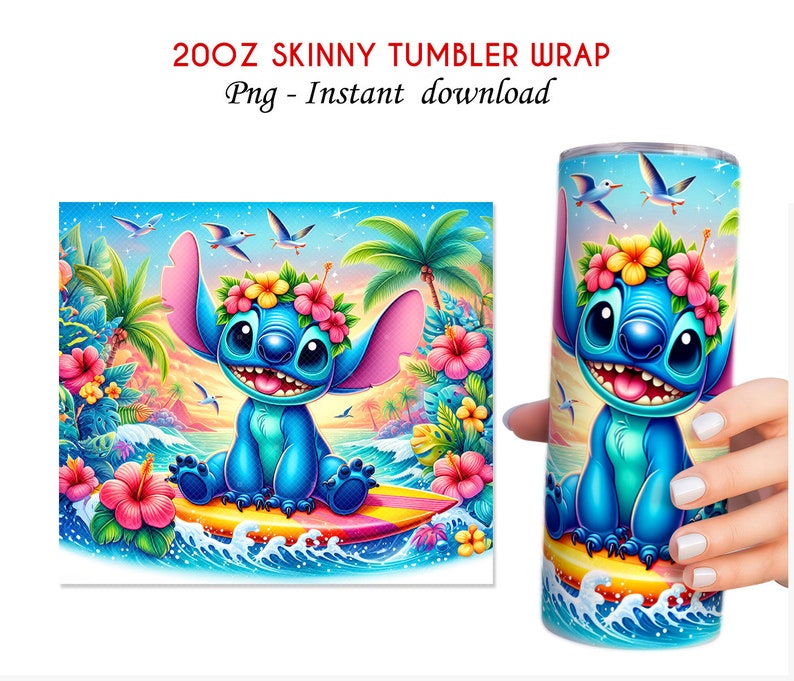 Stitch Summer 20oz Tumbler, 20oz Skinny Tumbler, Cartoon Tumbler Wrap, Beach Tumbler Sublimation, Full Tumbler Wrap, Tumbler Png zdjęcie 3