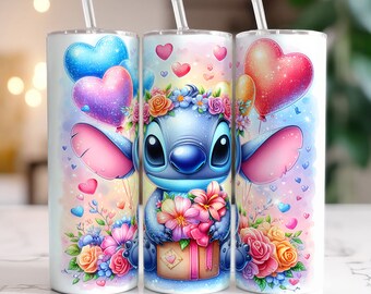 Cartoon Valentine Tumbler Wrap, Stitch Balloons Valentine Tumbler Wrap, 20oz Stitch Valentine Tumbler, Happy Valentine Day,PNG Download