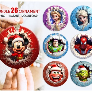 26 Files 3D Cartoon Movie Christmas Break Through Ornament Sublimation PNG, Instant Digital Download, Christmas Round Ornament PNG