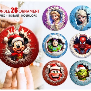 26 file 3D Cartoon Movie Christmas Break Through Ornament Sublimation PNG, Download digitale istantaneo, Ornamento rotondo di Natale PNG