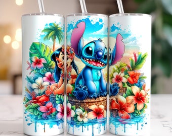 Stitch Summer Watercolor Art Tumbler, 20oz skinny tumbler wrap, summer tumbler, beach tumbler, stitch tumbler png digital download