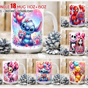Bundle 18+ Cartoon Valentine Mug  Wrap Png, 11oz 15oz Valentine Mug, Valentine png, Mug Sublimation, Cartoon Valentine png