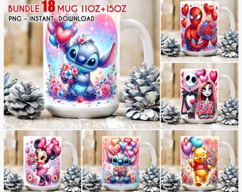 Bundle 18+ Cartoon Valentine Mug  Wrap Png, 11oz 15oz Valentine Mug, Valentine png, Mug Sublimation, Cartoon Valentine png