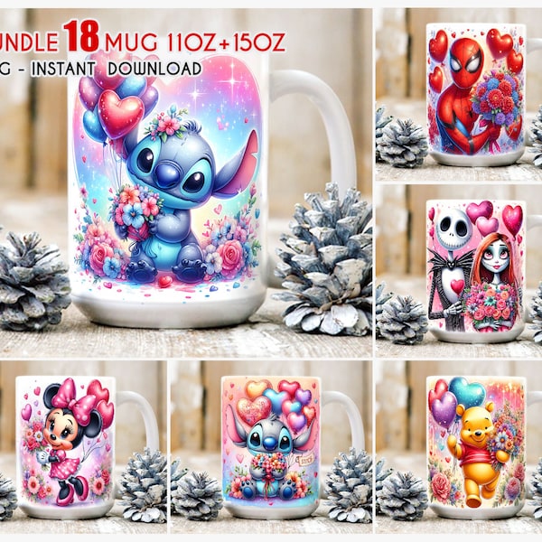 Bundle 18 + Cartoon Valentinstag Becher Wrap, 11 Unzen 15 Unzen Valentinstag Becher, Valentinstag PNG, Tassen Sublimation, Cartoon Valentinstag PNG