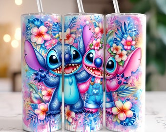 Sparkle Glitter Stitch Angel Floral Tumbler Wrap Png, 20 oz Skinny Tumbler Sublimation Design, Stitch Lilo Tumbler Wrap, Floral Tumbler PNG