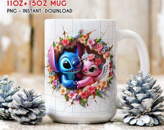 3D Stitch Angel Floral Kubek Wrap, 3D Spring Kubek Wrap, 11oz 15oz Kubek Wrap, Kubek Sublimacja, Kubek z kreskówek Png, Pobieranie Plików Cyfrowych
