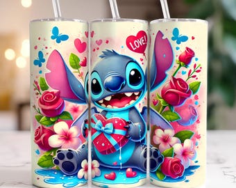 Watercolor Stitch Valentine's Day Tumbler Wrap, Cute Character, Hearts & Roses Sublimation Design, 20oz Skinny Tumbler Digital File