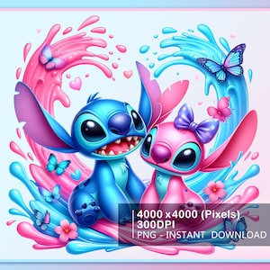 K&ouml;nnte beinhalten: Ein blaues und pinkfarbenes Stitch-Charakterpaar mit Herzen und Schmetterlingen vor einem pinkfarbenen und blauen Wasserspritz-Hintergrund. 4000 x 4000 (Pixel) 300DPI PNG - SOFORTIGER DOWNLOAD