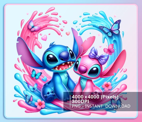 Stitch Couple Heart Shape Floral Summer Design Png, Stitch Angel Floral Png, Summer Vibes Png, Sublimation Design, Png Digital Download