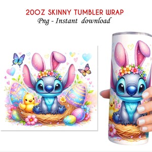 May include: A 20oz skinny tumbler wrap featuring a blue Stitch character with bunny ears and a flower crown. Stitch is holding a yellow chick and sitting in a nest with colorful Easter eggs. The background is a watercolor wash of pink, blue, and green.