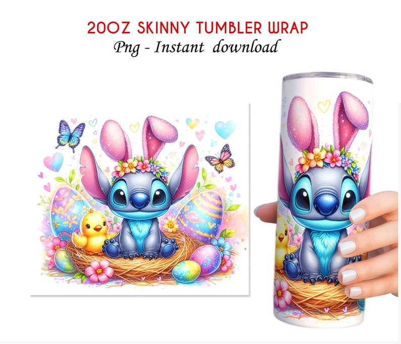 May include: A 20oz skinny tumbler wrap featuring a blue Stitch character with bunny ears and a flower crown. Stitch is holding a yellow chick and sitting in a nest with colorful Easter eggs. The background is a watercolor wash of pink, blue, and green.