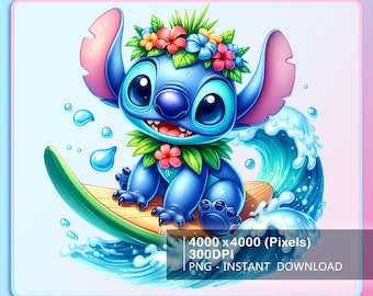 May include: A blue cartoon character with large ears and a flower crown is riding a surfboard on a wave. The character is wearing a lei and has a big smile. The background is a light blue and pink gradient.