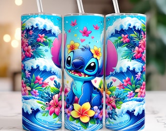 May include: A blue and white tumbler featuring a tropical floral design and a cartoon Stitch character. The tumbler comes with a straw and a lid.