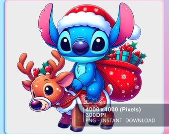 Santa Stitch Reindeer Christmas Png, Funny Stitch Santa Xmas Clipart Png, Chrismas Design Sublimatie, DTF Print, Png Instant Download