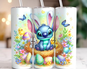 Tecknad Stitch påsk och kycklingglas, Stitch påskägg png, påsk png, 20oz smalt glas, fullt glas i omslag, png för direktnedladdning
