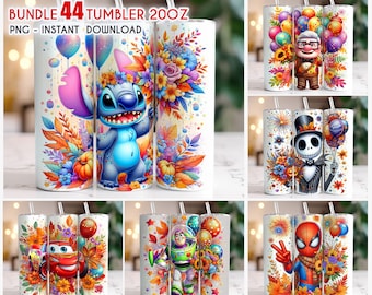 Bundle 44 Cartoon Tumbler PNG, Cartoon Tumbler Wrap, 20oz Skinny Tumbler, Stitch Fall Tumbler, Toy Story, Jack Skellington Tumbler PNG