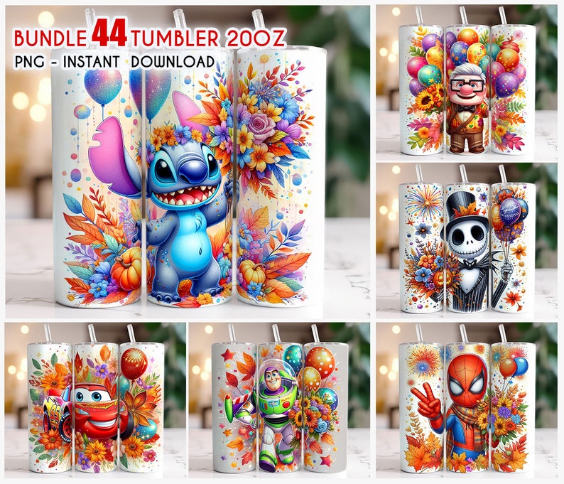 May include: A set of 44 sublimation designs for 20 oz tumblers. The designs feature various characters, including Stitch, Jack Skellington, Spider-Man, and Buzz Lightyear. The designs are perfect for creating personalised tumblers for any occasion.