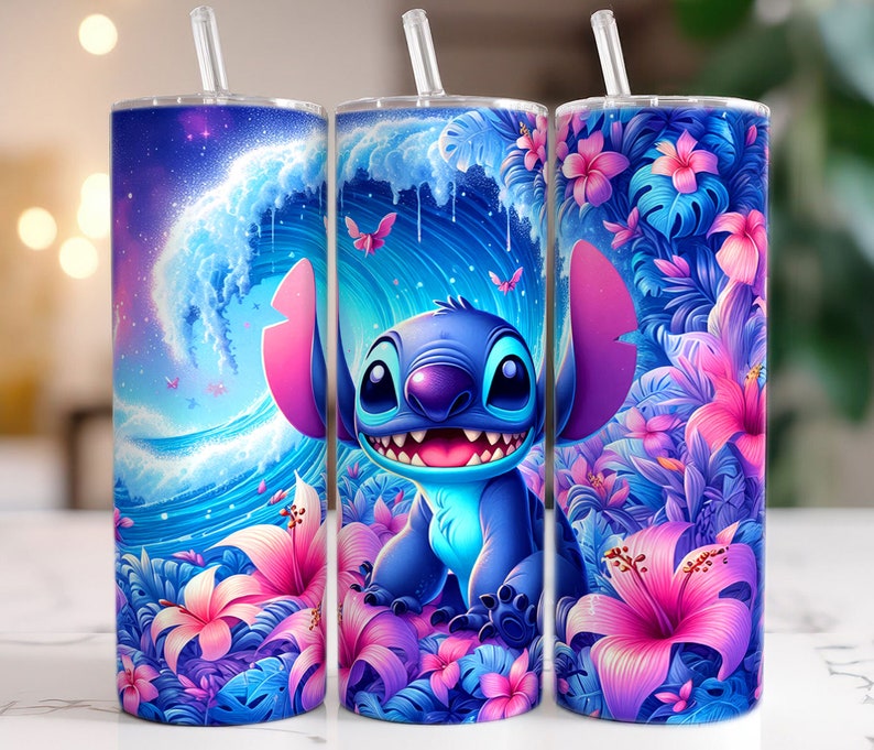 May include: Three stainless steel tumblers with lids and straws. The tumblers feature a colorful design with a blue Stitch character from Lilo & Stitch, pink and purple flowers, and a blue wave pattern.