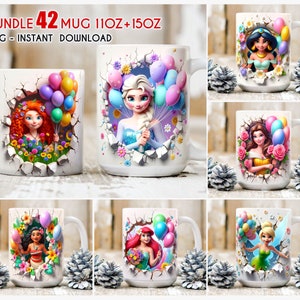 Bundle 3D Prinzessin Frühlingsbecherverpackung, 11 Unzen 15 Unzen Becherverpackung, 3D Prinzessin Becher, 3D Becherverpackung, Sublimationsdesign, PNG DTF Digitale Datei