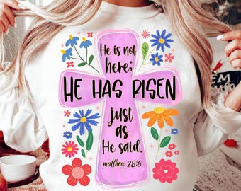Ha resucitado PNG, sublimación cristiana de Pascua, diseño del Día de la Resurrección, pincelada floral bohemia PNG, impresión abstracta de Pascua DTF